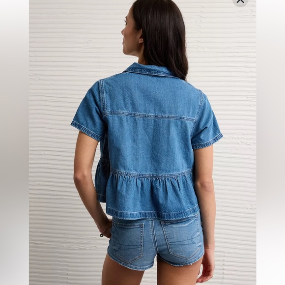 NWT American Eagle Denim Popover Denim Peplum Short-Sleeve Top - Picture 4 of 6
